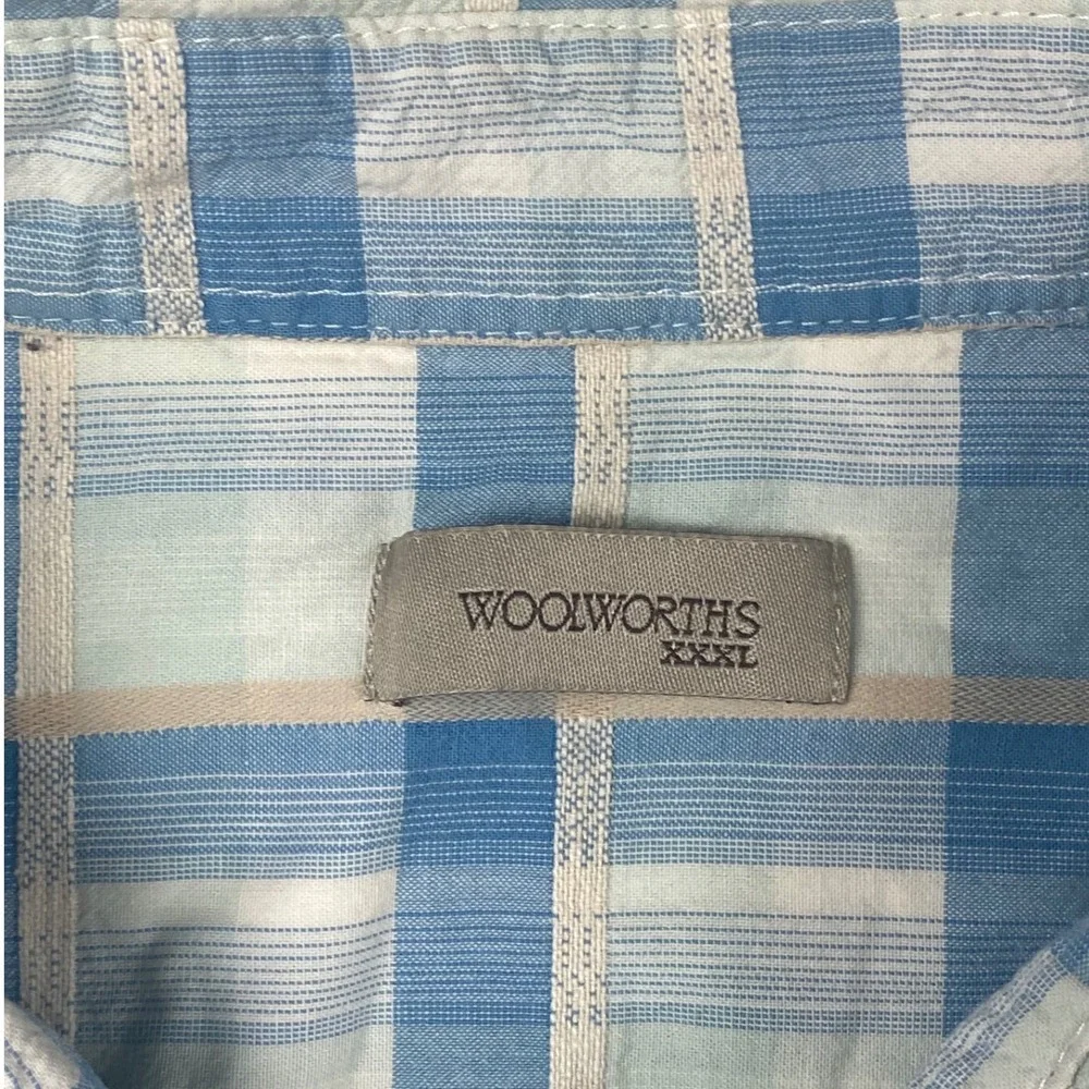 Woolworths Mens XXXL Blue Plaid Cotton Linen Short Sleeve Button Up Shirt 0366